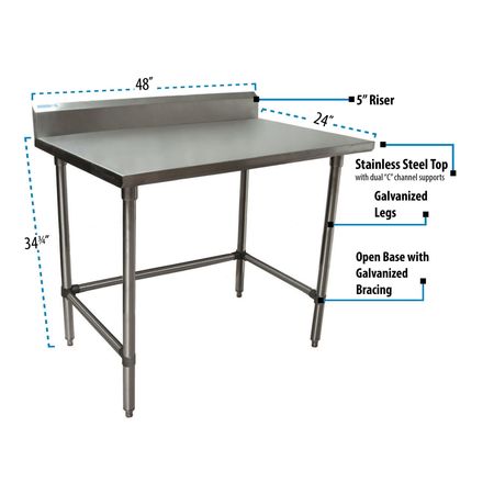 Bk Resources Stainless Steel Work Table With Open Base, 5" Rear Riser 48"Wx24"D VTTR5OB-4824